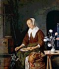 Woman Eating and Feeding her Cat by Gabriel Metsu